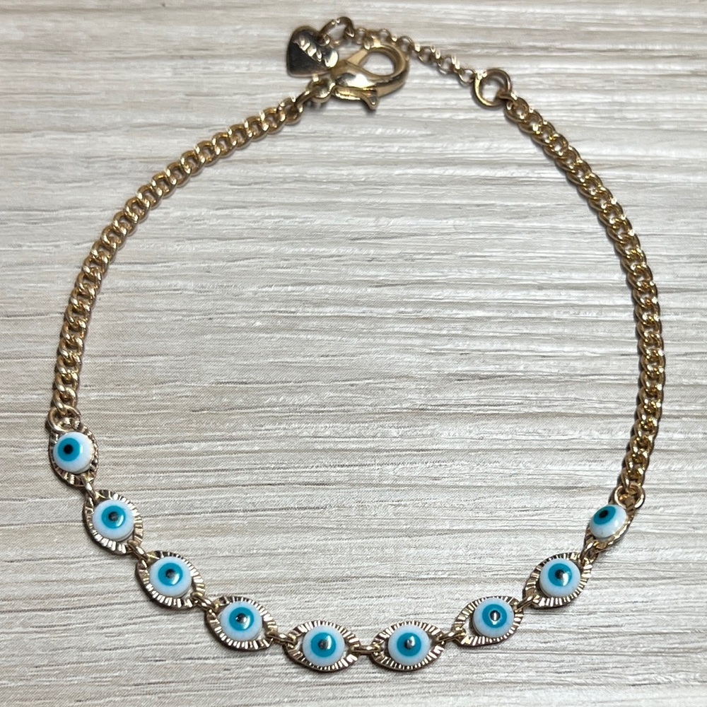 Designer ALDO Gold Tone Blue Evil Eye Protection Bracelet, 7.5” To 8”